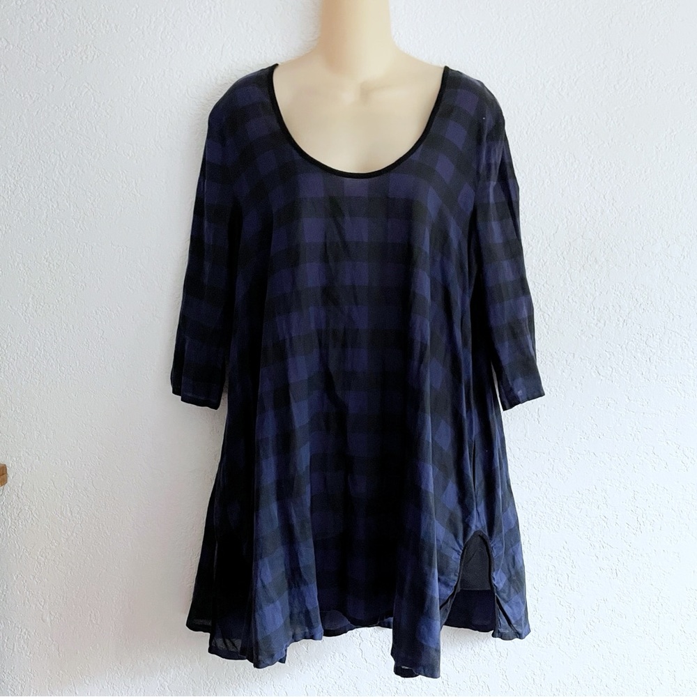 Vintage Free People Blue Black Plaid Oversized Tunic Top SMALL Long Lagenlook